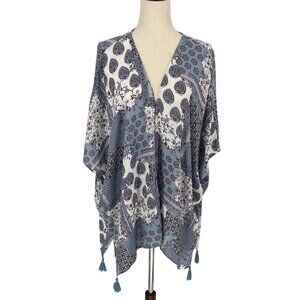 Boho Floral Paisley Print Womens Kimono Size S Blue White Open Front Tassels